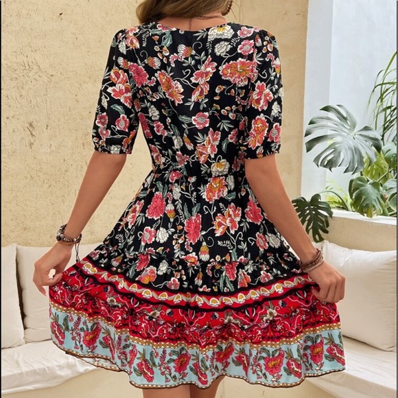 Boho Floral Paisley Print Overlap Neck Dress - Picture 10 of 15